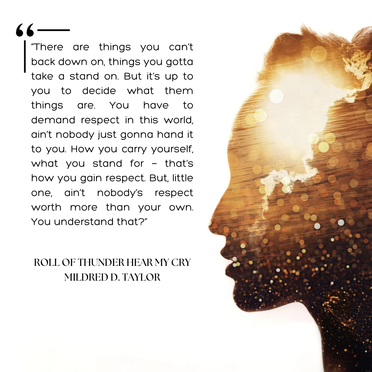 outline of a young women's face with clouds inside; book quote to the left