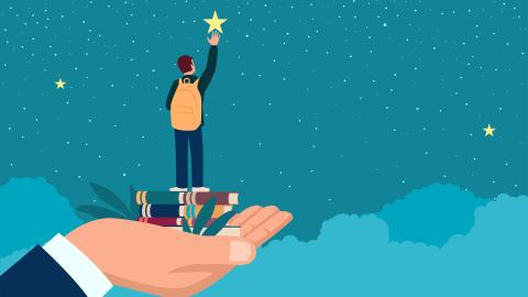 Man hand lifting up a school boy to reach for the star