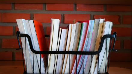 Wire basket with several books in it